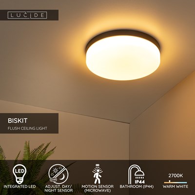 Lucide BISKIT - Flush ceiling light Bathroom - Ø 34,5 cm - LED - 1x24W 2700K - IP44 - Motion Sensor - Black